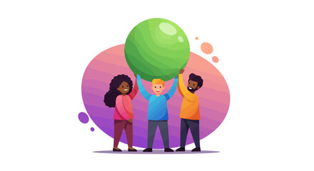 Three people holding a large green sphere together smiling and collaborating