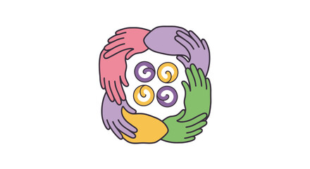 Colorful Hands Joining Around Swirls