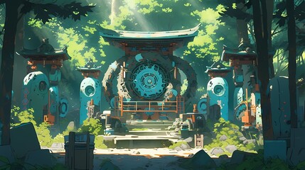 Serene anime forest scene, intricately designed shrine, turquoise focal point, stone lanterns, lush greenery, sunlight.