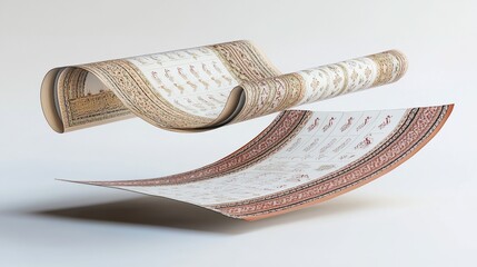 Two intricately patterned carpets, in cream, beige, and terracotta tones, are displayed in a 3D render, floating in mid-air.  One is rolled, the other lying flat, showcasing detailed designs