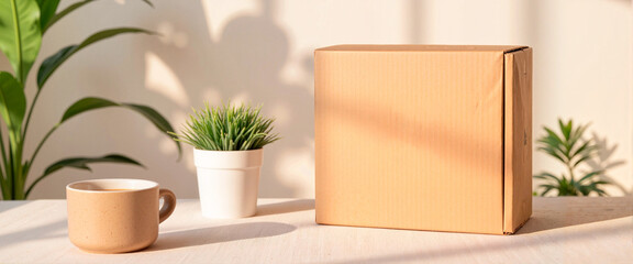 Cozy kraft paper subscription box on neutral surface, warm ambiance