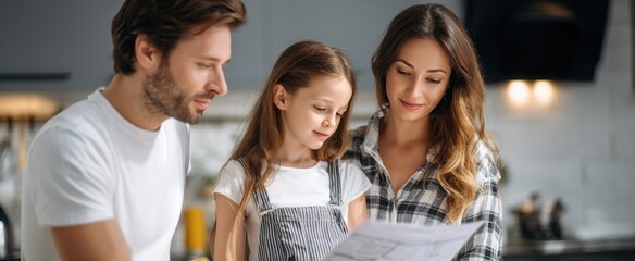 Fototapeta premium A family of three, a man, a woman and a child, are looking at a piece of paper