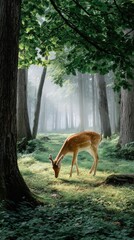 Serene Deer Grazing in Enchanted Forest with Sunlight and Mist