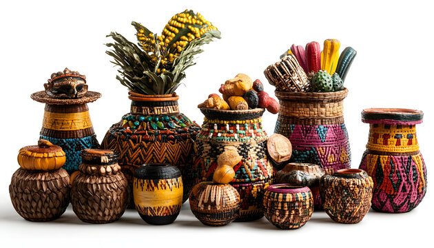 handmade crafts n artisanal creations reflecting garifuna heritage isolated on clear white background highly detailed