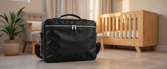 Sleek black diaper bag in modern nursery, stylish organization