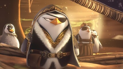 Penguin in cloak with eye patch in mystical forest