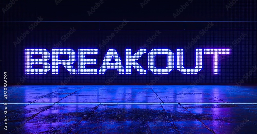 Poster bright neon text spells breakout over dark tiled floor. dramatic lighting creates futuristic vibe. m