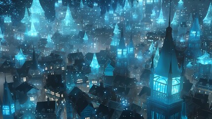 Anime illustration of a cityscape bathed in mesmerizing blue light