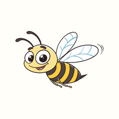A cute and kawaii bee is depicted on a bright white background, joyfully reaching out to a lovely pink flower with a cheerful expression,