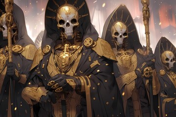 Anime illustration of elite soldiers in formation, gold armor, staffs, fiery background.