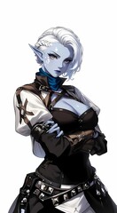 Confident fantasy elf woman with light blue skin, yellow eyes, desert outfit, white background