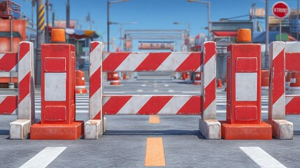 Road under construction with barricades blocking the way on a sunny day showcasing caution