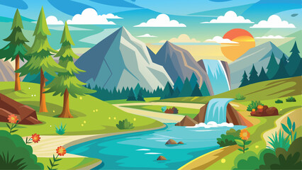 Cartoon Mountain Landscape with Waterfall, River, Trees, Flowers and Setting Sun Illustration