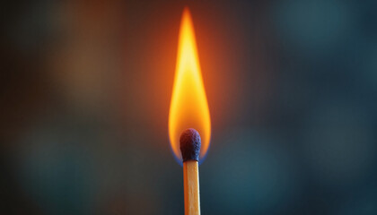 Single matchstick burning with flame against blurred background for creative concept visuals or fire safety topics 