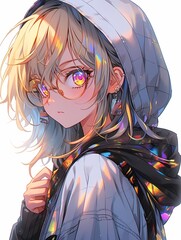 Anime portrait of a young woman with blonde hair and blue eyes wearing a colorful hooded jacket.