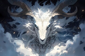 Deer skull hybrid gazing at viewer, intricate antlers, striking blue eye, dramatic dark clouds backdrop