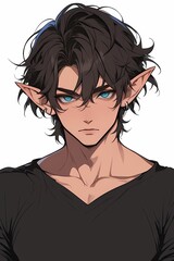 Anime male with dark brown hair, blue eyes and pointed ears