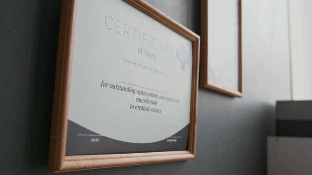 Certificate of merit in wooden frame hanging on grey wall of medical office in modern clinics specializing on qualitative help to patients with diabetic problems