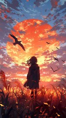 Anime solitary figure silhouette sunset field