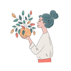 Stylized drawing of a young woman misting a kokedama moss ball with scindapsus. Sustainable indoor gardening trends. Isolated illustration