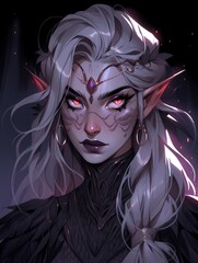 Anime fantasy character, pointed ears, red eyes, circlet, jewelry, armor, dark background.