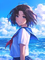 Anime style girl with purple eyes and blue uniform stands on a beach, smiling, ocean background.