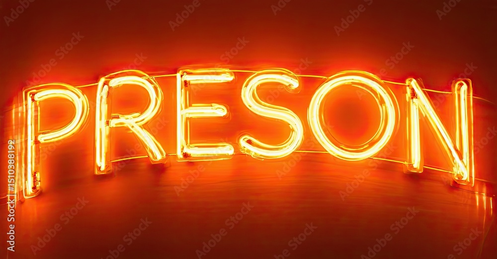 Poster bright neon sign spells preson. orange glow illuminates dark background. reflective surface adds dep