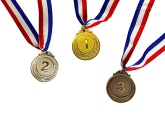 Gold, Silver and Bronze medal concept scattered with no background, transparent png medals. Winning