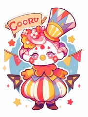 A whimsical clown character stands against a backdrop of colorful stars and flags, wearing a striped outfit and a vibrant top hat, with a cheerful expression.