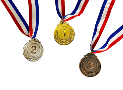 Gold, Silver and Bronze medal concept scattered with no background, transparent png medals. Winning