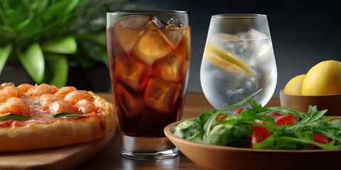 A glass of soda sits next to a glass of water and a plate of salad. The image conveys a casual and relaxed atmosphere, as the food and drink are laid out on a table
