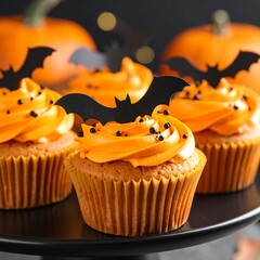 orange cupcakes with black bat sprinkles on a serving tray, halloween treats, close up