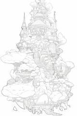 Anime fantastical black and white landscape, towering castle, dense forest, intricate details, grandeur, wonder.