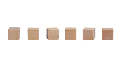 Six wooden blocks in line with copy space isolated. Wooden pieces, png