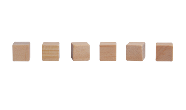 Six wooden blocks in line with copy space isolated. Wooden pieces, png
