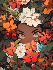 A person with dark skin and freckles is partially hidden behind a vibrant array of red, orange, and white flowers, with a white flower in their hair, set against a lush green background.