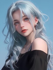 Anime woman blue eyes white hair smiling illustration