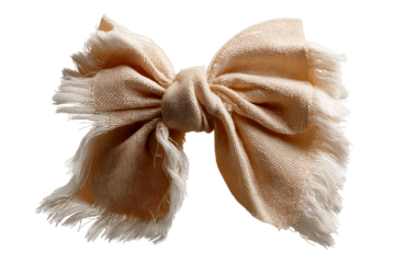 Soft beige bow with frayed edges on a transparent background