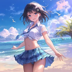Anime illustration high school girl character, smiling, blue eyes, black hair, beach, white shirt, blue plaid skirt, necktie, flower in hair.