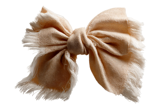 Soft beige bow with frayed edges on a transparent background