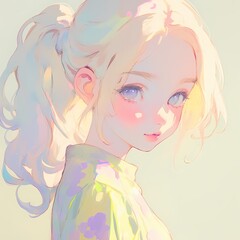 Young woman blonde hair soft blush looks directly at viewer, wearing floral blouse against light pastel background, anime illustration.