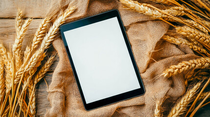 Tablet screen mockup with wheat on rustic cloth for branding