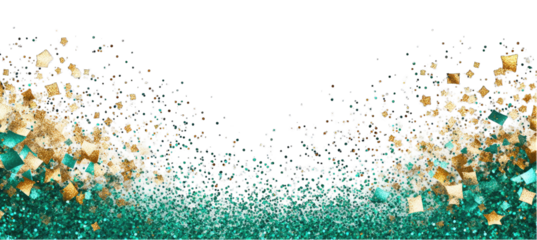 Abstract design with teal and gold confetti-like shapes cascading  isolated on transparent background