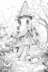 Anime whimsical cottage nestled among lush greenery and trees