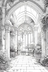 A serene monochromatic garden room with a high arched ceiling, stone pillars, and lush greenery, perfect for quiet contemplation or reading amidst natural light and rustic charm.