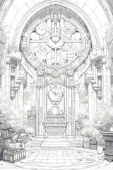 Grand monochromatic anime study, high ceiling, circular window, unique clocks, pillars, arches, potted plants, tranquility.
