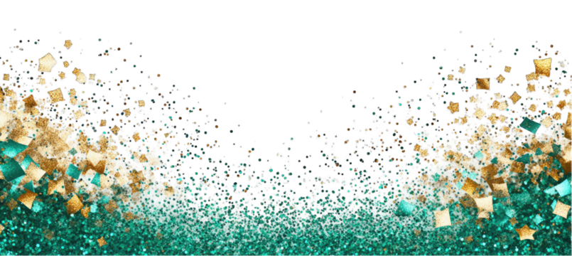 Abstract design with teal and gold confetti-like shapes cascading  isolated on transparent background