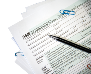 U.S. Tax form 1040 with pen on paper top view close up png, no backdrop. Isolated tax form, copy space, finance, income tax return