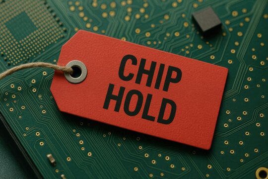 Red Tag Label Reading Chip Hold on Circuit Board Background with Microchip and Green Texture