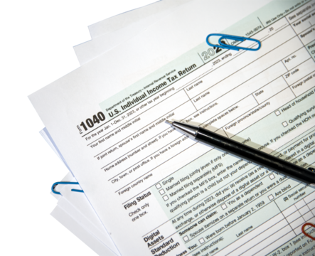 U.S. Tax form 1040 with pen on paper top view close up png, no backdrop. Isolated tax form, copy space, finance, income tax return